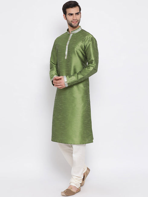 Vastramay Men's Green Floral Jacquard Jacket With Silk Kurta and Pyjama Set